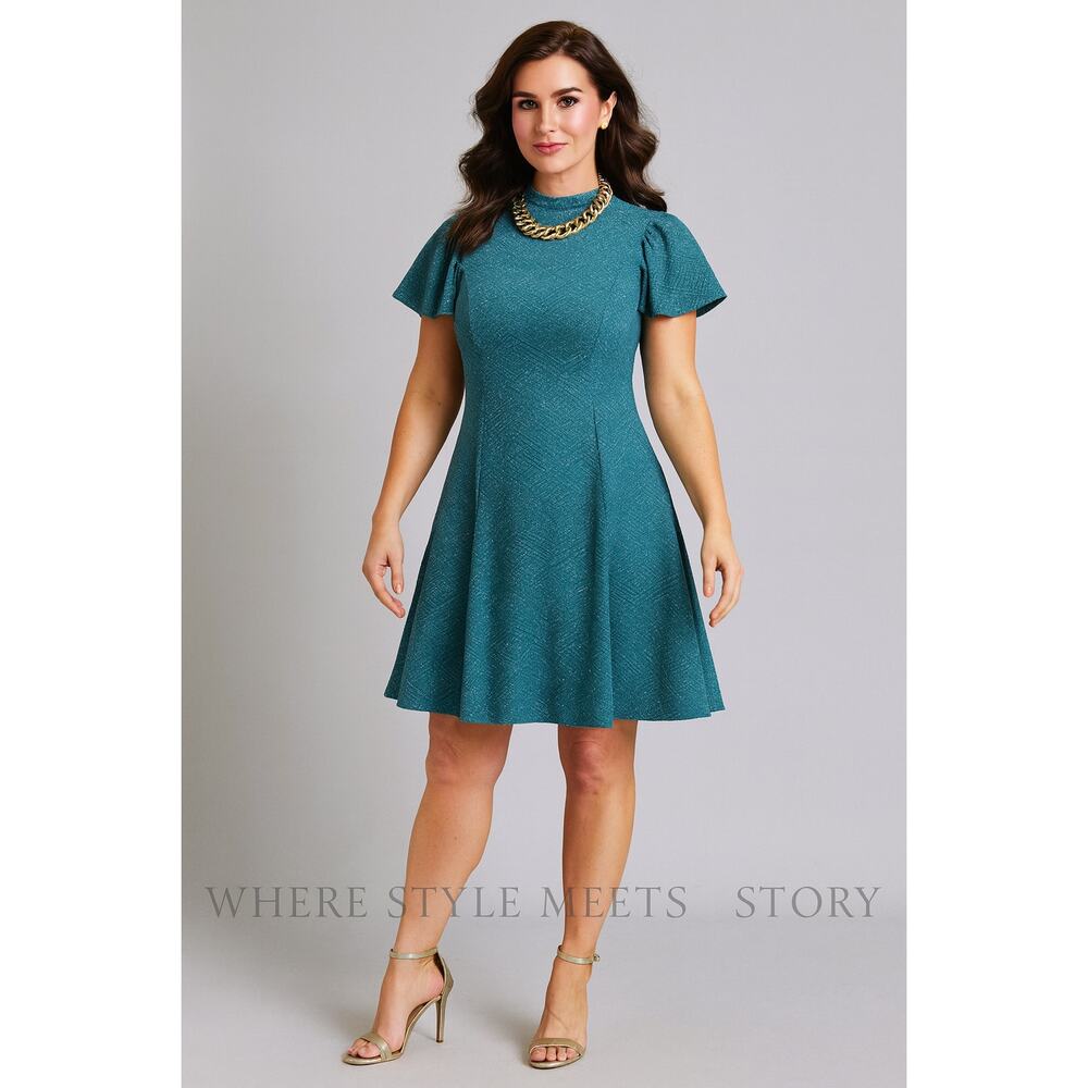 Zunie Women’s Small Teal Textured Dress Flutter Sleeve Fit & Flare Party